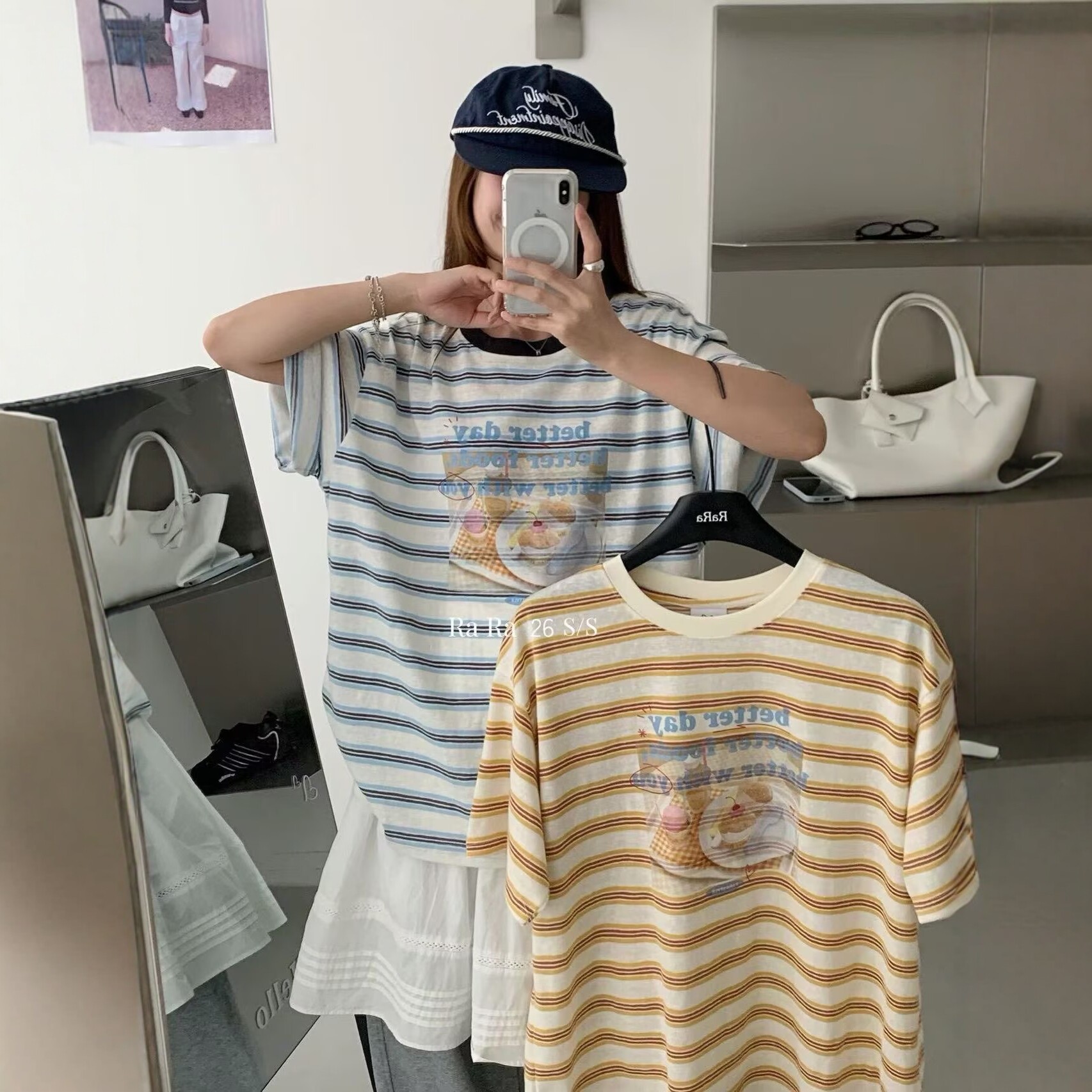 RARA STYLE2026夏季复古条纹甜品印花时髦百搭宽松圆领短袖T恤女