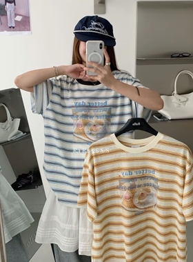 RARA STYLE2026夏季复古条纹甜品印花时髦百搭宽松圆领短袖T恤女