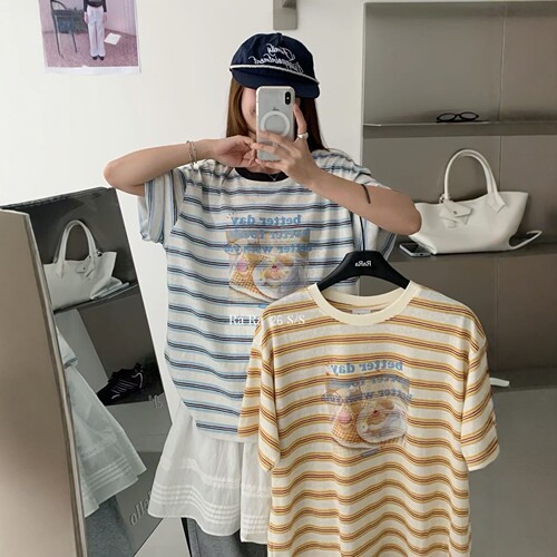 RARA STYLE2026夏季复古条纹甜品印花时髦百搭宽松圆领短袖T恤女