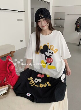 RARA STYLE2026秋季韩版卡通字母米奇印花加厚磨毛圆领短袖T恤女