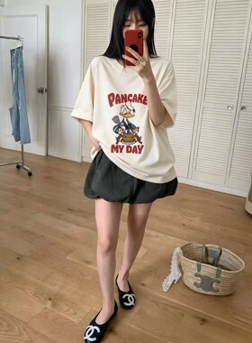 皇冠2026夏季韩版洗水做旧复古美式卡通唐老鸭印花圆领短袖T恤女