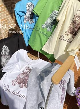 TRUST ME2025春夏韩版fever同款腊肠狗英文印花圆领休闲短袖T恤女