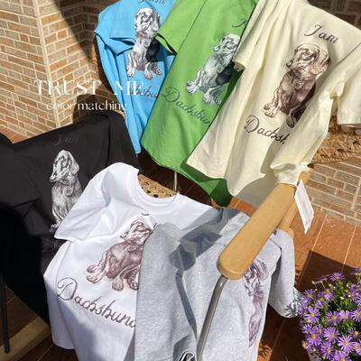 TRUST ME2025春夏韩版fever同款腊肠狗英文印花圆领休闲短袖T恤女