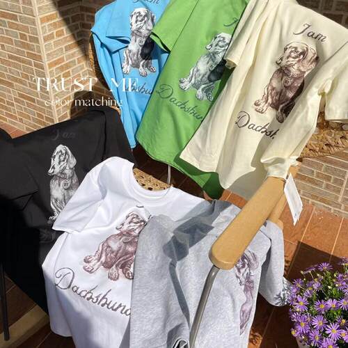 TRUST ME2025春夏韩版fever同款腊肠狗英文印花圆领休闲短袖T恤女