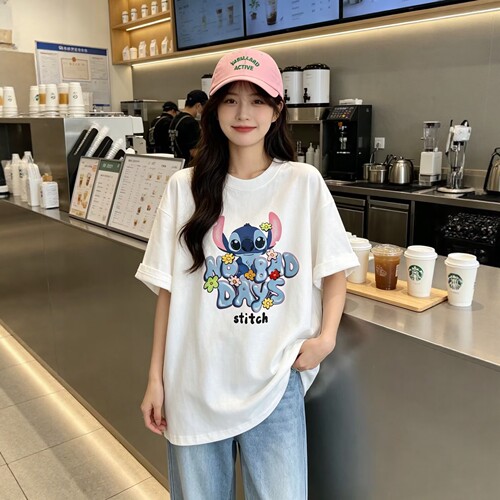 皇冠2026夏季卡通精灵英文印花宽松大版全棉休闲圆领短袖T恤女