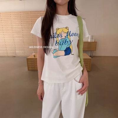 MILDNESS2026夏季卡通美少女英文印花修身显瘦百搭圆领短袖T恤女
