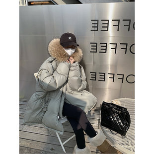 鹅绒服貉子大毛领羽绒服女中长款收腰廓形慵懒风加厚保暖冬装外套