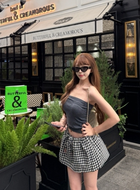 韩女性感复古甜辣针织抹胸格纹花苞半身短裙夏日俏皮ootd穿搭套装