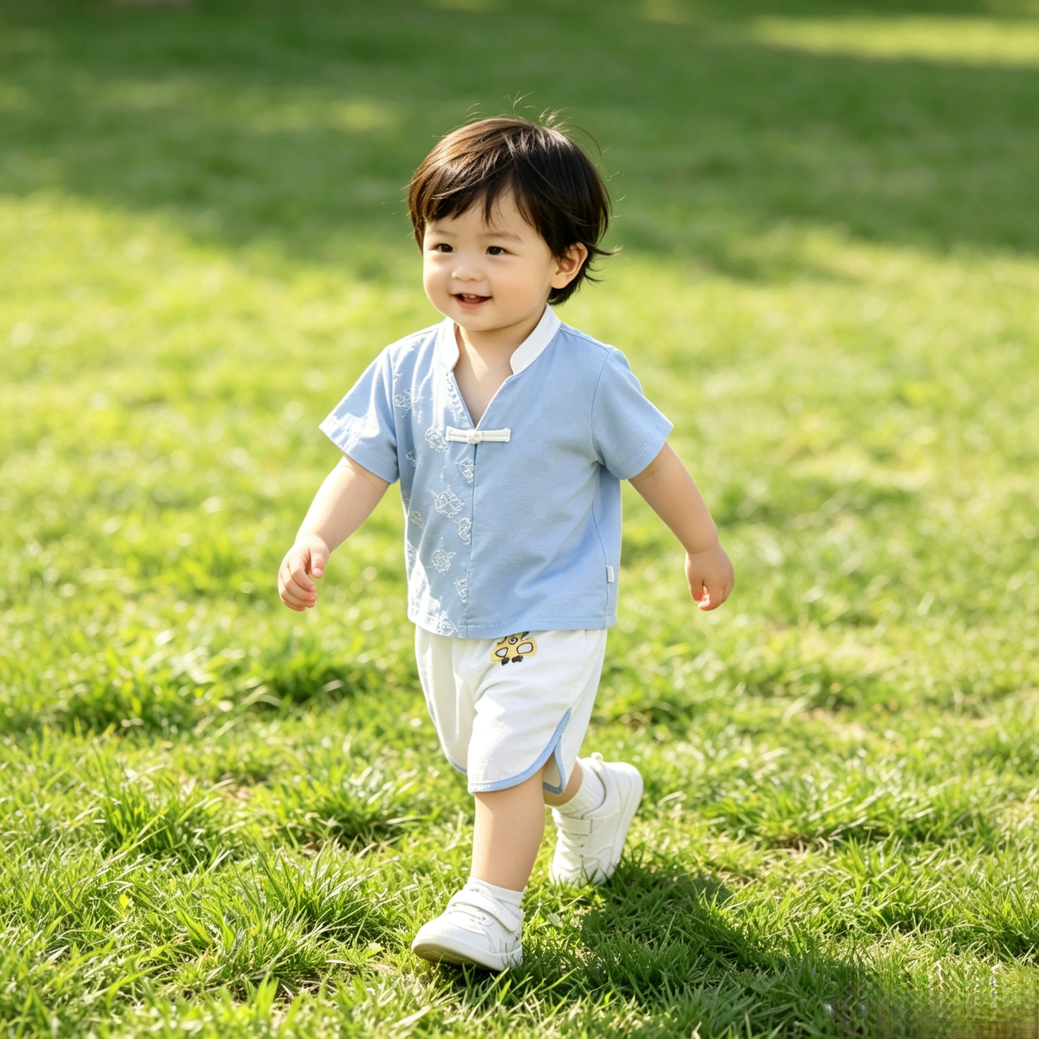 憨豆龙夏季儿童套装男女宝宝外出国风两件套小孩夏天薄款纯棉衣服