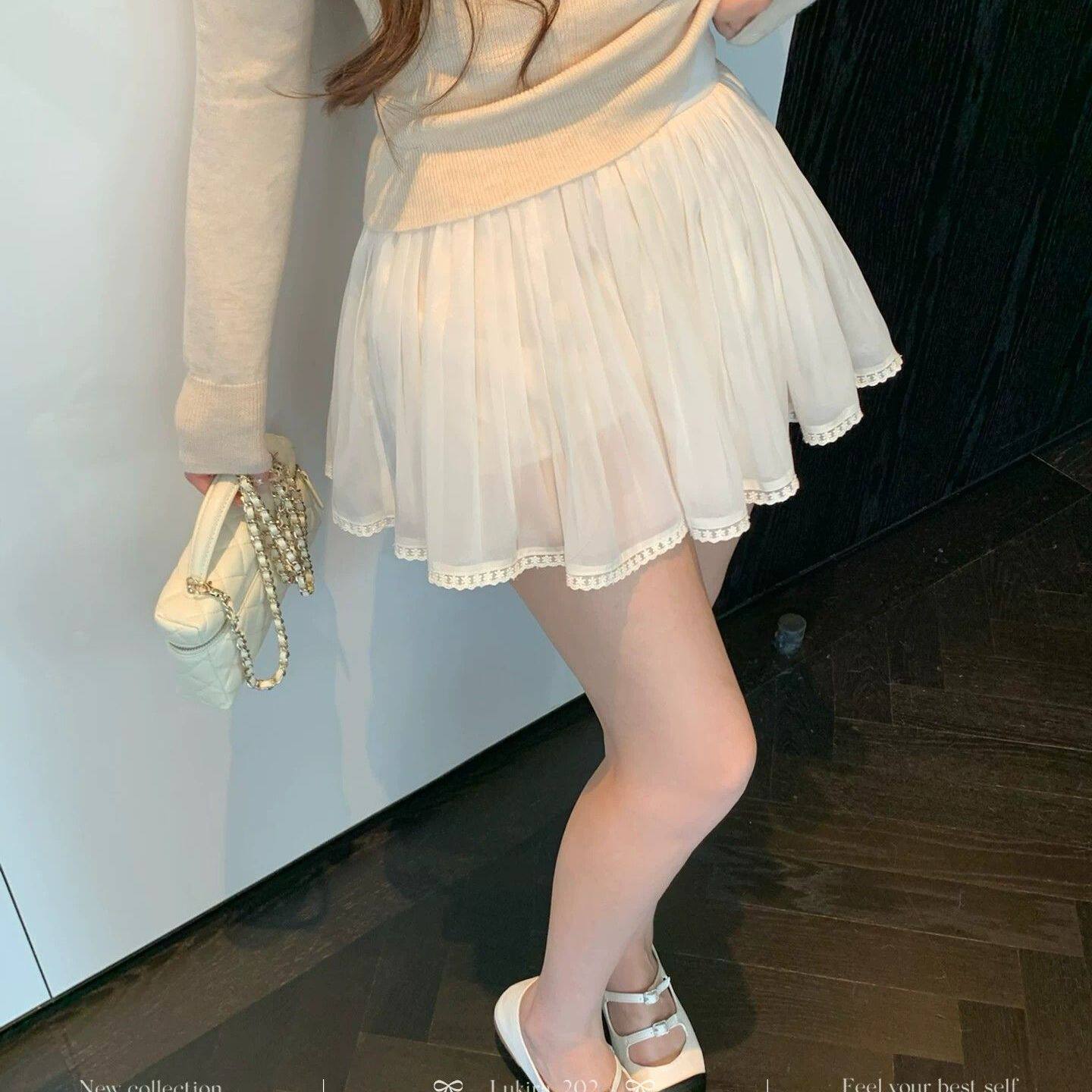 2026春夏季纯色薄纱花边雪纺A字裙层次半身裙女百褶短裙时尚百搭