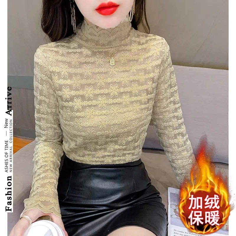 加绒秋冬新款高领薄款蕾丝打底衫女士洋气小衫长袖网纱上衣潮,女装/女士精品,蕾丝衫/雪纺衫,淘宝优惠券,粉丝福利购,淘宝优惠卷