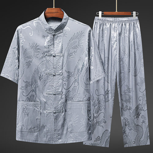 冰丝唐装男士短袖套装夏季中老年爸爸夏装老人衣服中国风爷爷衬衫