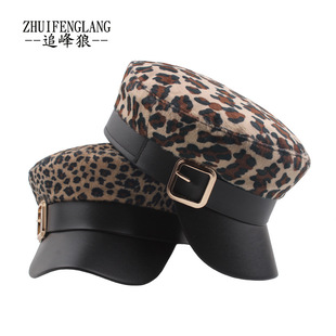 网红豹纹海军帽女秋冬款韩版百搭时尚鸭舌帽潮人PU皮帽檐平顶