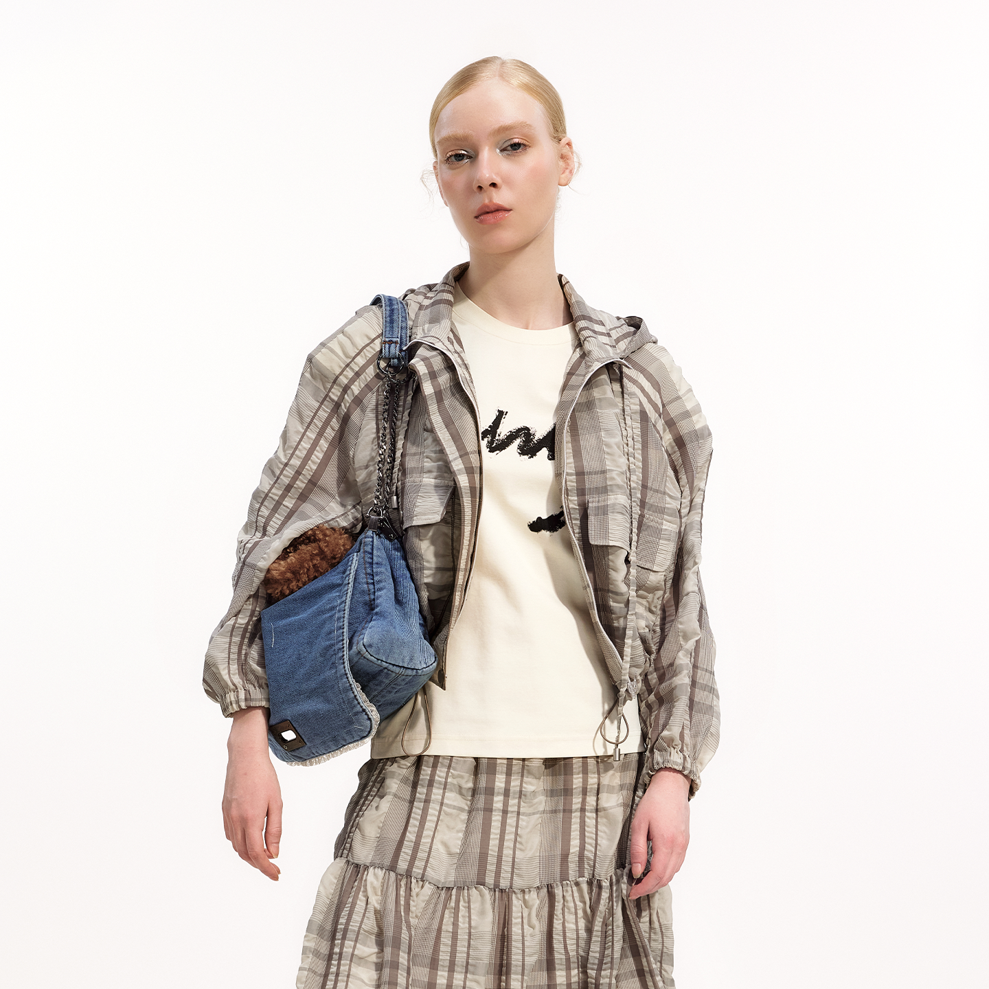 摩登格纹夹克运动感抽绳连帽外套