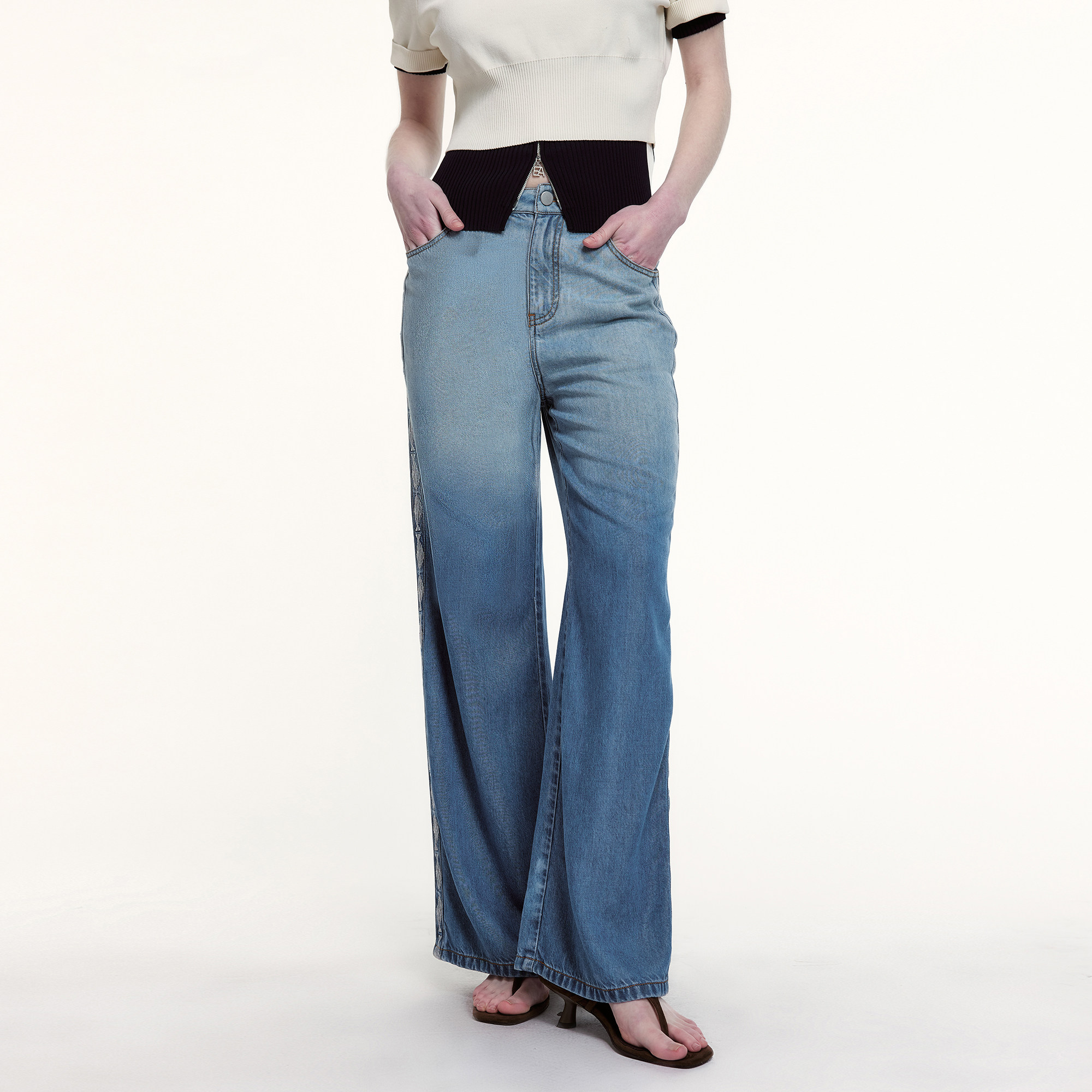 艺之卉薄款复古渐变水洗牛仔裤