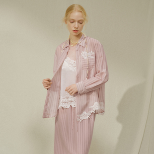 艺之卉粉彩风条纹蕾丝新职人美学醋酸桑蚕丝衬衫2026春夏