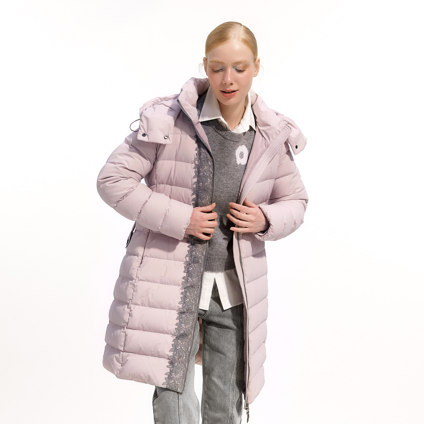 艺之卉量感暖核拼蕾丝排骨羽绒服中长款保暖外套2025冬新款