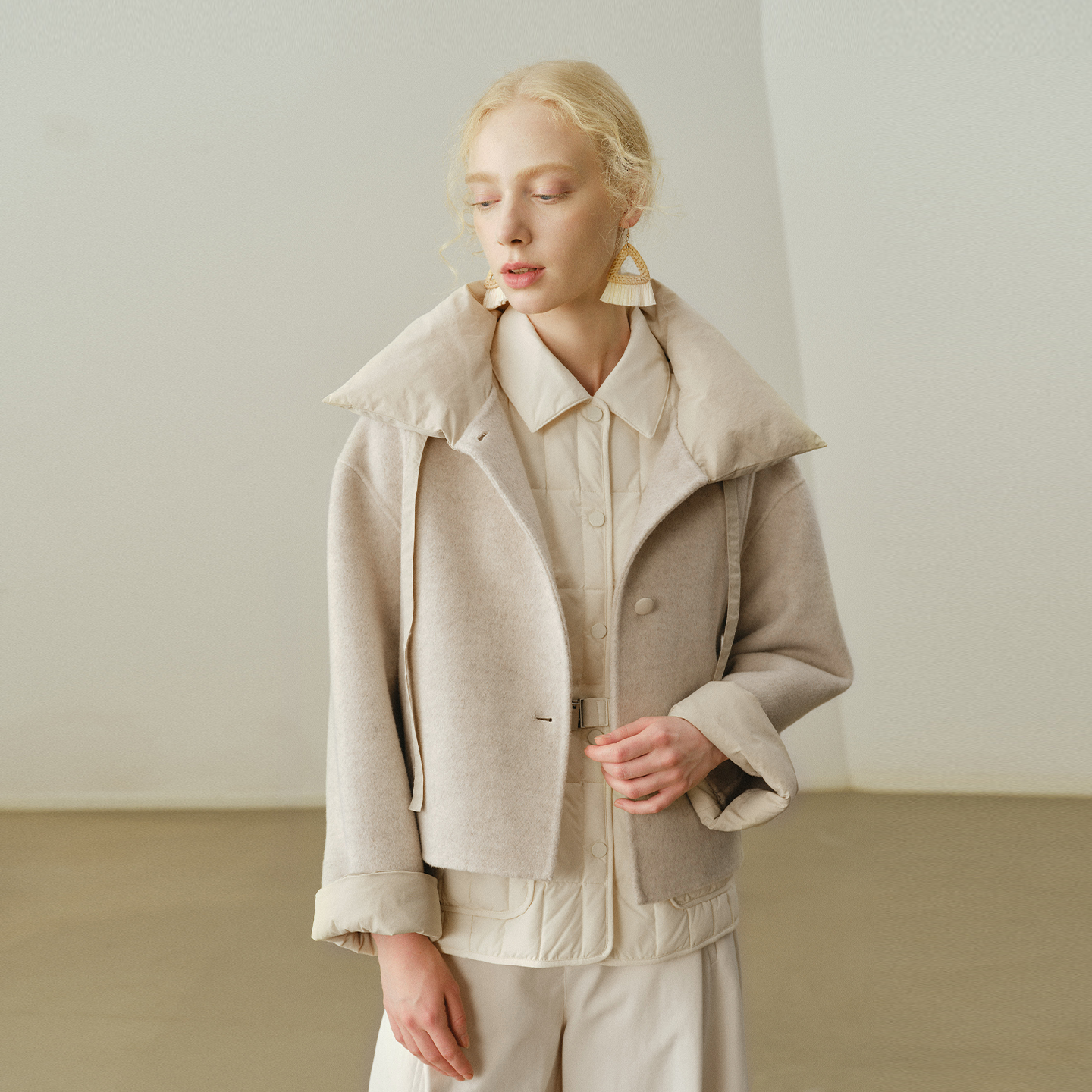 艺之卉羊毛羊绒拼接羽绒款毛呢大衣保暖外套2025冬新款