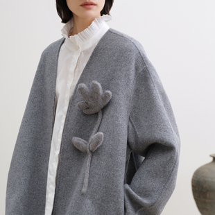艺之卉立体花优雅时尚慵懒风全羊毛双面呢外套短款呢大衣春秋