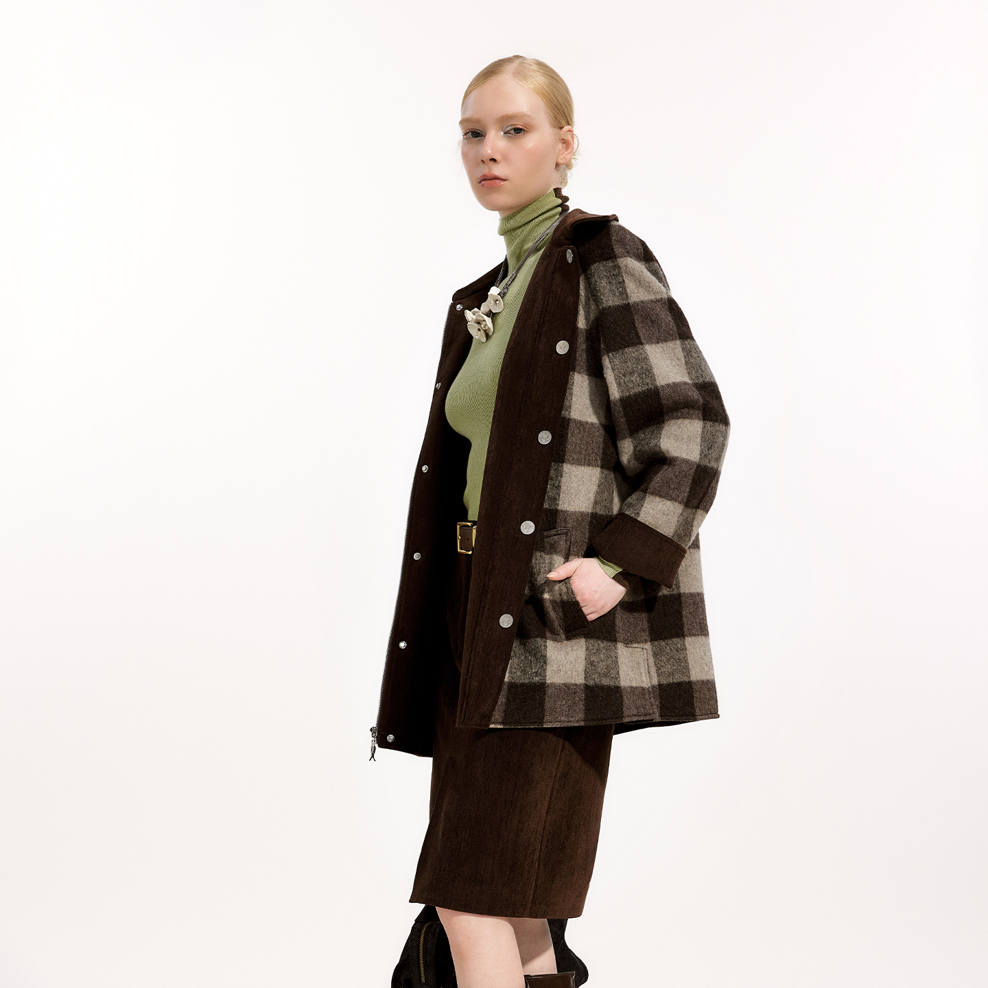 艺之卉双面可穿游牧格纹风廓形外套保暖大衣2025冬新款