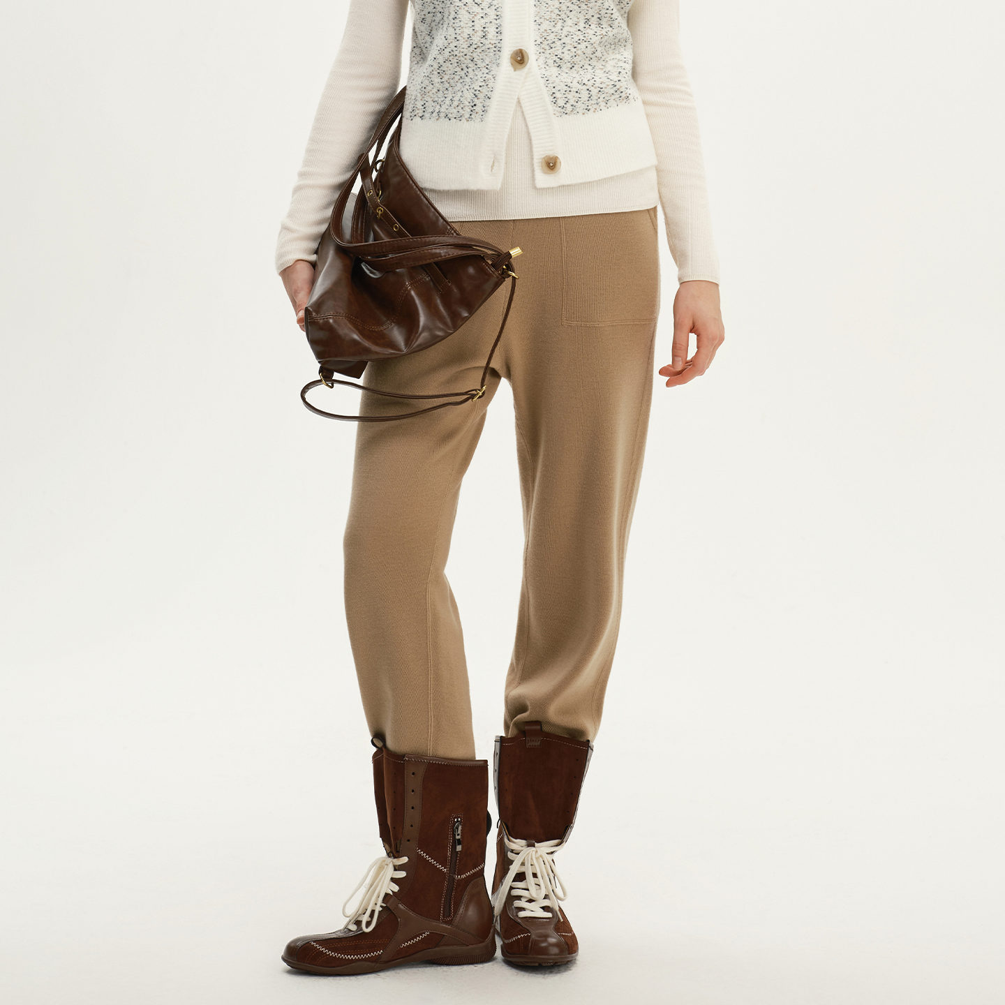 艺之卉慵懒感休闲裤100绵羊毛奶咖色运动裤2025秋新款