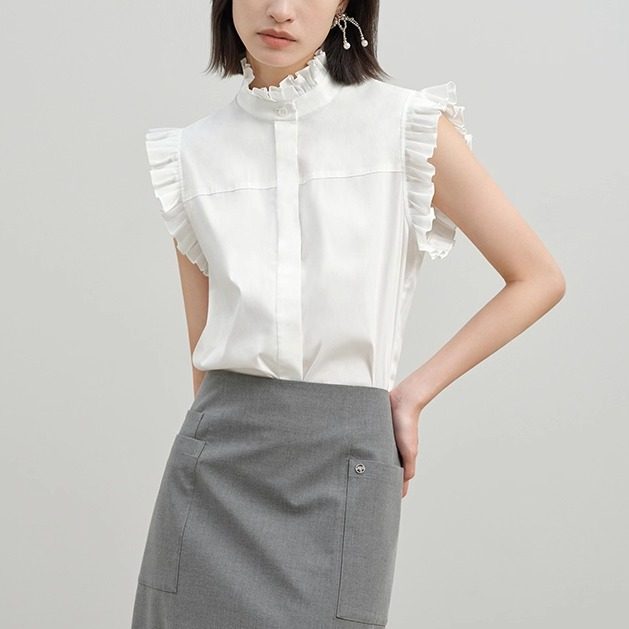 艺之卉精致浪漫无袖木耳边衬衫