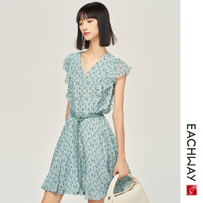 多巴胺 艺之卉  x型廓形荷叶边v领收腰真丝印花连衣裙