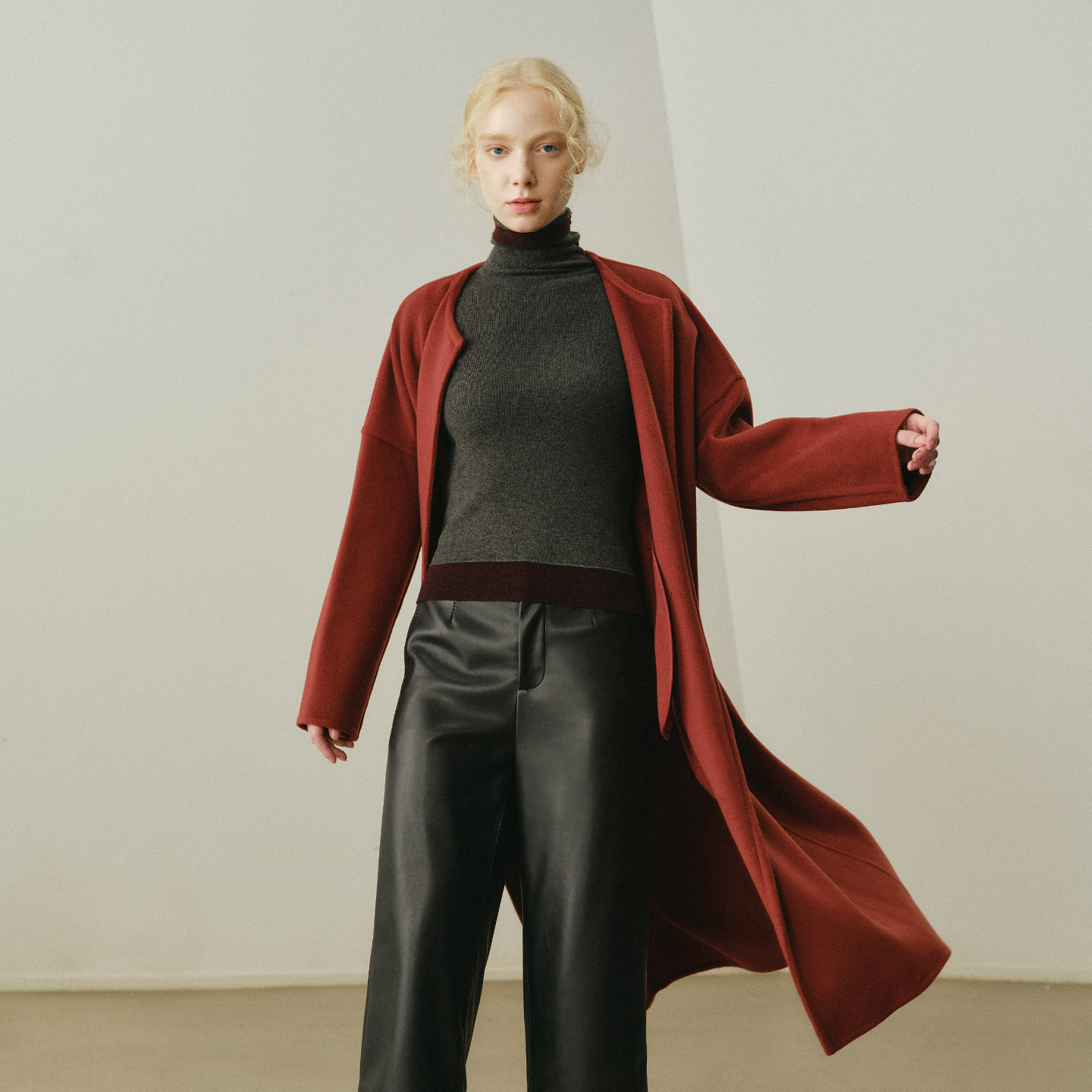 艺之卉山羊绒绵羊毛双面呢大衣长款保暖外套红色米白2025冬新款