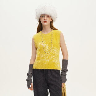 艺之卉精纺羊毛衫金桂秋棠图淡雅桂黄无袖针织背心女文艺上衣