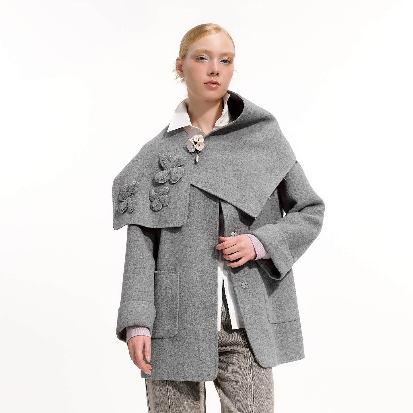 【圣诞钜惠】艺之卉高智感羊毛双面呢大衣围巾保暖外套2025冬新款