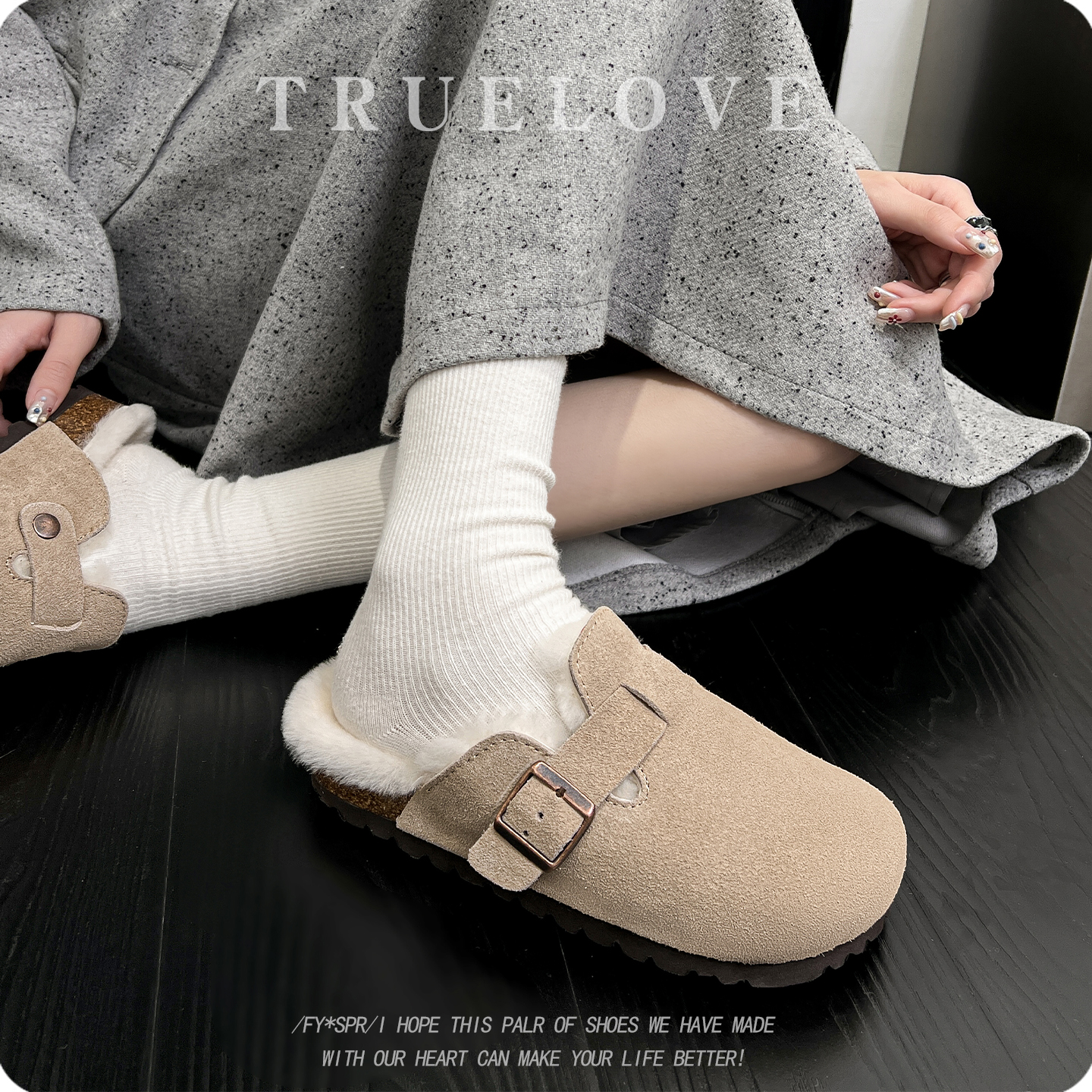 2025新款秋冬勃肯鞋女真皮包头半拖羊皮毛一体加厚毛毛棉鞋一脚蹬