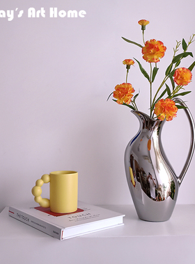 现代轻奢银色花瓶壶形陶瓷花器高级感客厅桌面电视柜装饰设计摆件