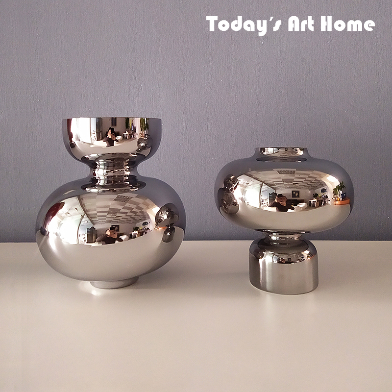 现代轻奢电镀花瓶银色玻璃花器客厅电视柜组合玄关样板房陈设摆件