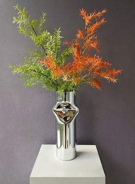 现代轻奢银色花瓶高款蓝色玻璃花器民宿样板房客厅电视柜玄关摆件