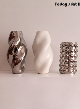 现代法式中古花瓶奶油色高级感轻奢陶瓷银色花器民宿餐厅插花摆件