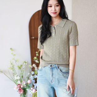 2025新款早秋复古绞花POLO领短袖针织衫女老钱风精纺高支羊毛上衣