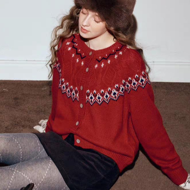 新款复古费尔岛毛衣外套女美利奴纯羊毛花纱针织开衫减龄提花上衣,女装/女士精品,毛针织衫,淘宝优惠券,粉丝福利购,淘宝优惠卷