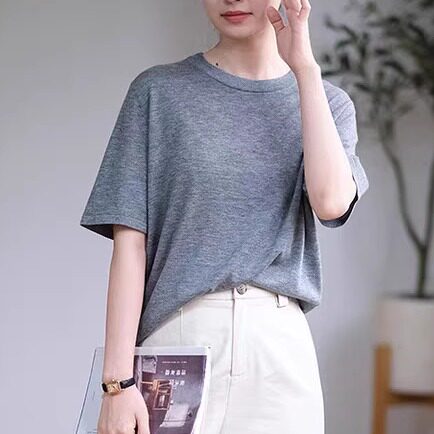 2025新款早秋ROW风精纺100%澳羊毛针织衫女宽松慵懒风短袖T恤上衣