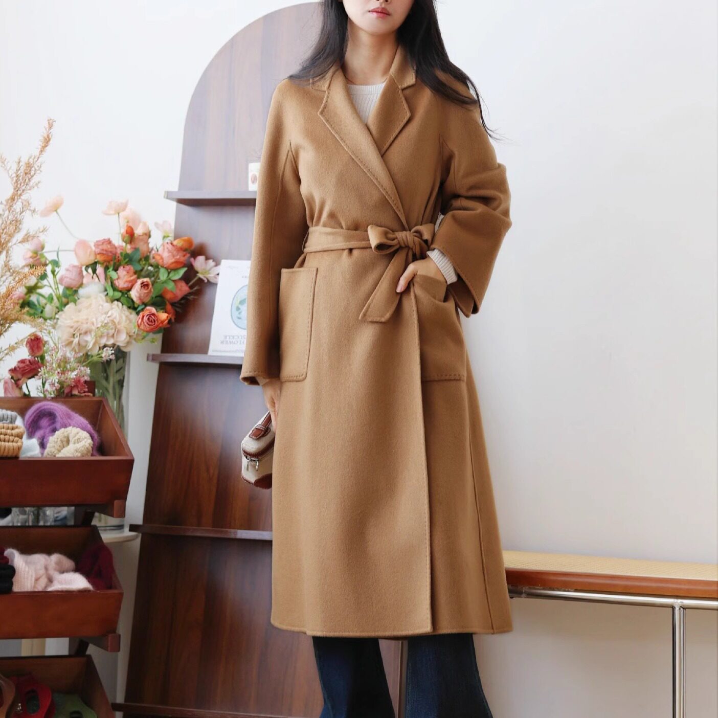 秋冬高端浴袍款100%纯山羊绒双面羊绒大衣女长款系带毛呢外套M家