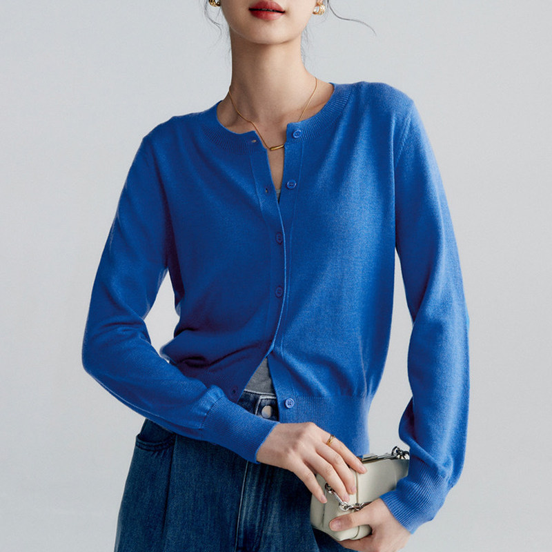 新款春季可机洗羊毛衫女短款针织衫软糯显瘦开衫圆领百搭毛衣外套