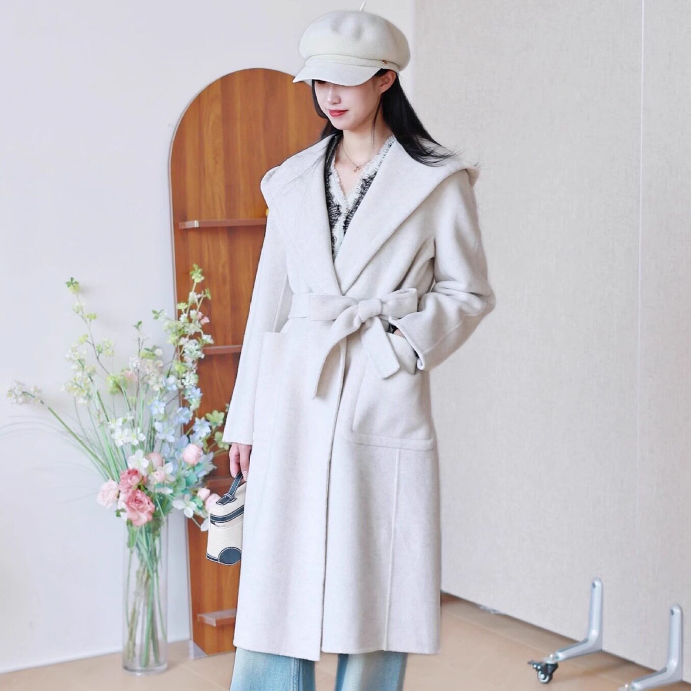 秋冬法式浴袍款慵懒风羊驼毛双面呢大衣女高级感长款连帽羊毛外套