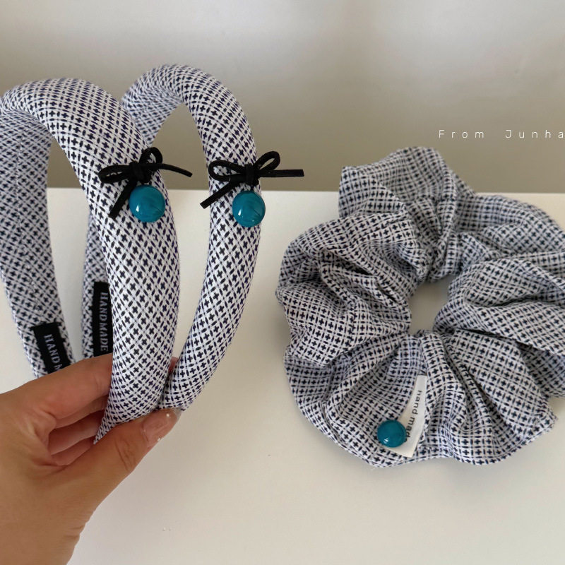 复古斜纹大肠圈蓝色格纹发圈发箍发绳丸子头洋气绳皮筋发饰