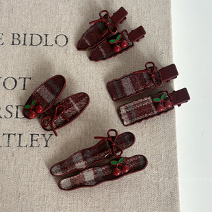 浓郁红色格纹发夹樱桃蝴蝶结少女刘海侧边夹前额碎发夹头饰女