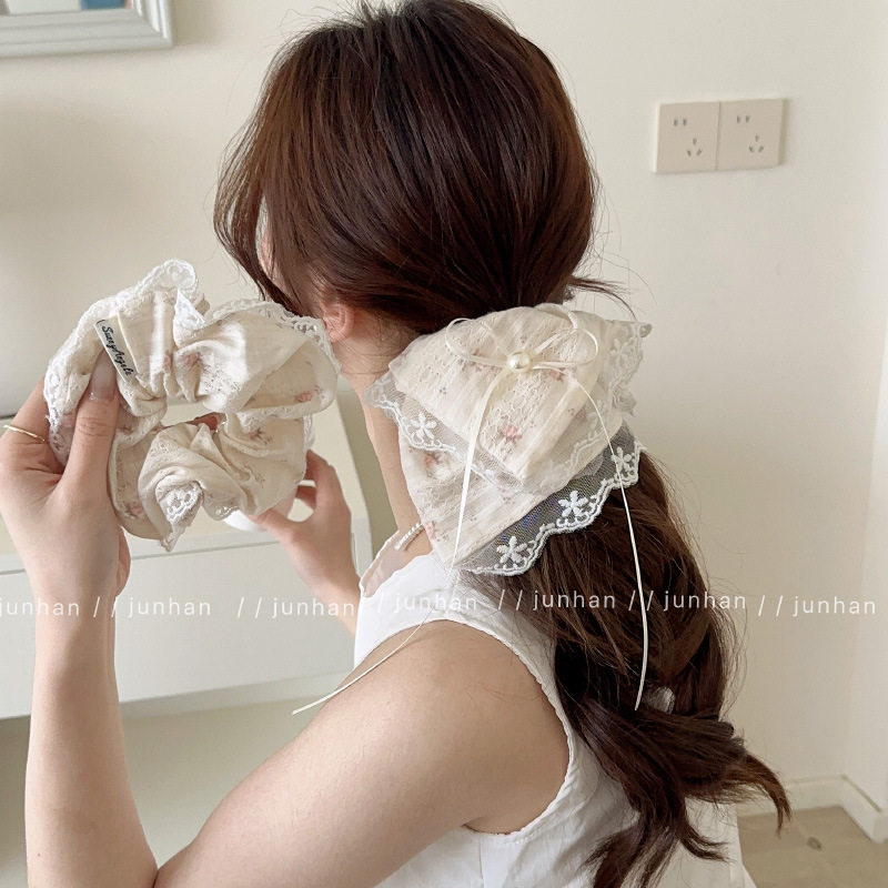 手作碎花蕾丝蝴蝶结大肠发圈女大号珍珠慵懒风低马尾发饰头饰发饰