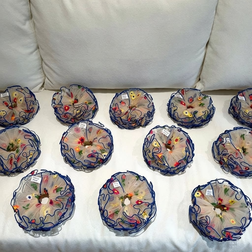 莫奈的花园民族风手工刺绣彩色小花花线条蓝锁边薄纱大肠发圈