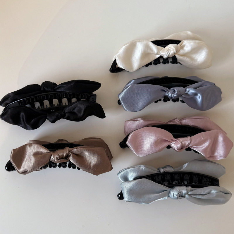 韩国双面兔耳朵粉色立体缎面蝴蝶结香蕉夹芭蕾风后脑勺马尾盘发竖