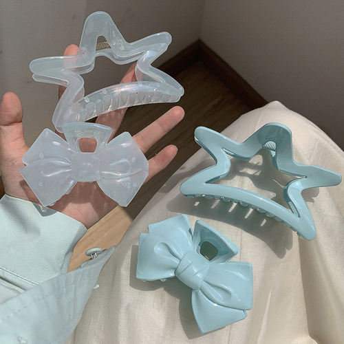 冰透薄荷蓝抓夹 超仙甜美少女蝴蝶结五角星星鲨鱼夹奶油蓝色发饰
