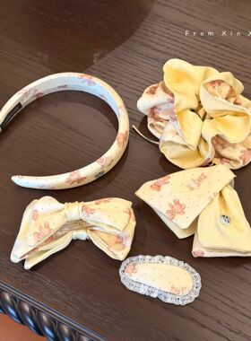 韩国黄色系印花小熊蝴蝶结大肠发圈女春夏甜美少女高颅顶香蕉夹