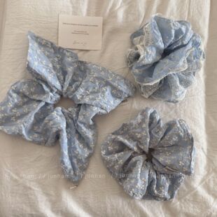 韩国天空蓝刺绣花朵肥肠圈甜美低马尾皮筋发圈超大号方巾珍珠发饰