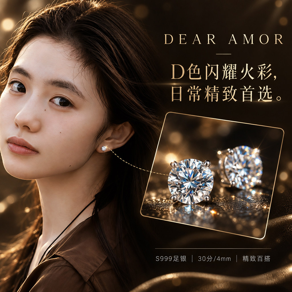 「明星同款」DEAR AMOR莫桑钻耳钉女999足银轻奢钻石耳骨钉养耳洞